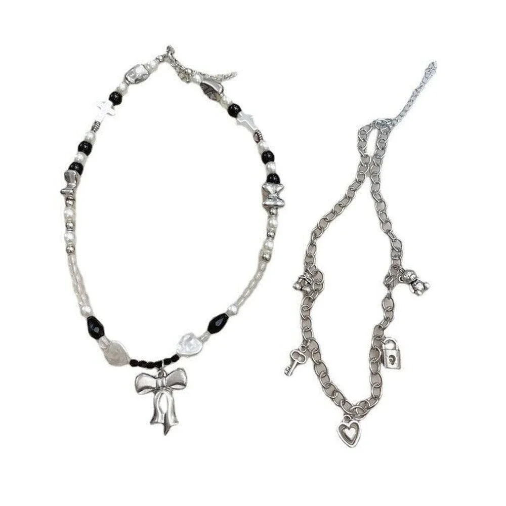 Silver Bow Knot Beaded Faux Pearls Pendant Necklace Boho Chic Artsy‎